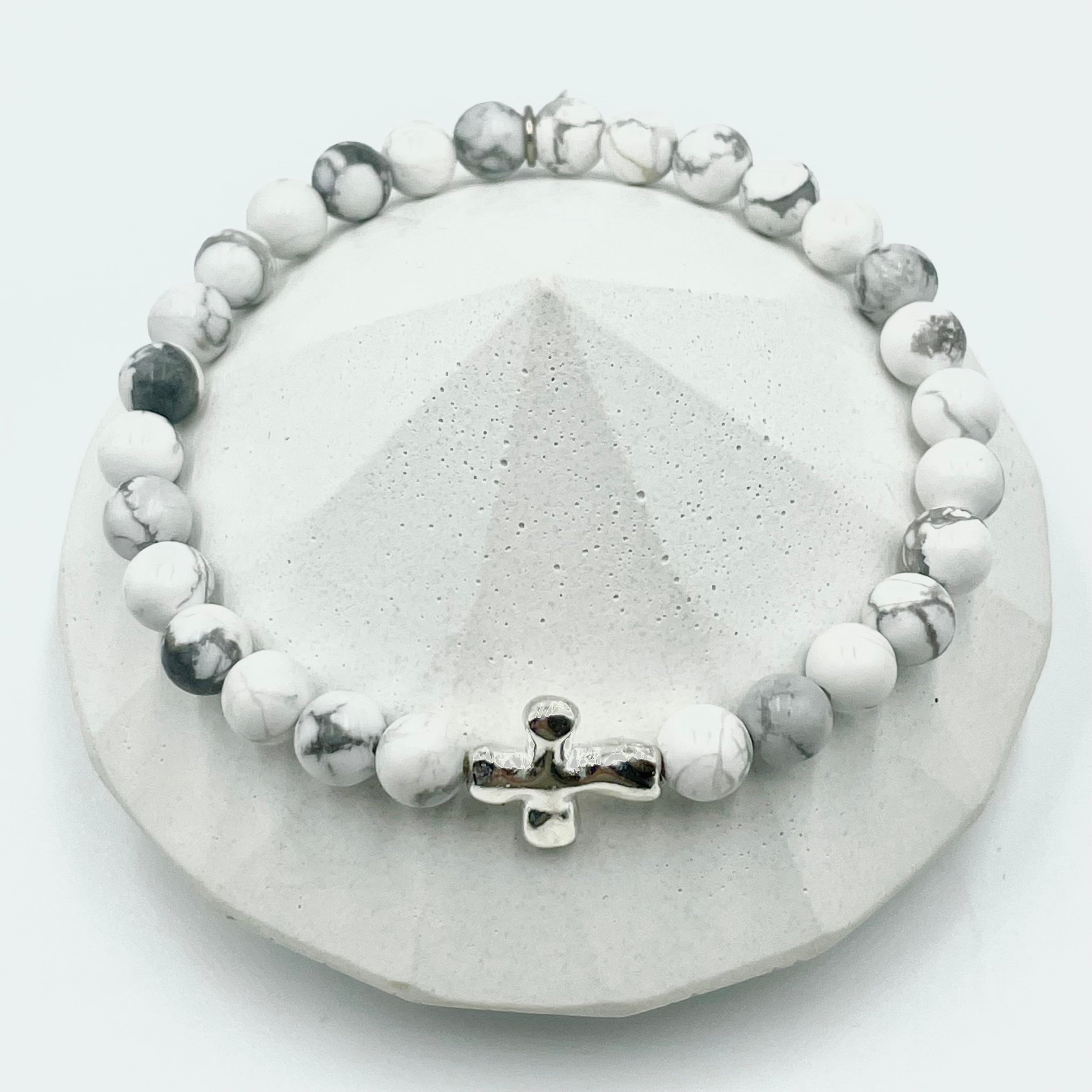 Howlite Hammered Cross Bracelet ~ Silver Finish