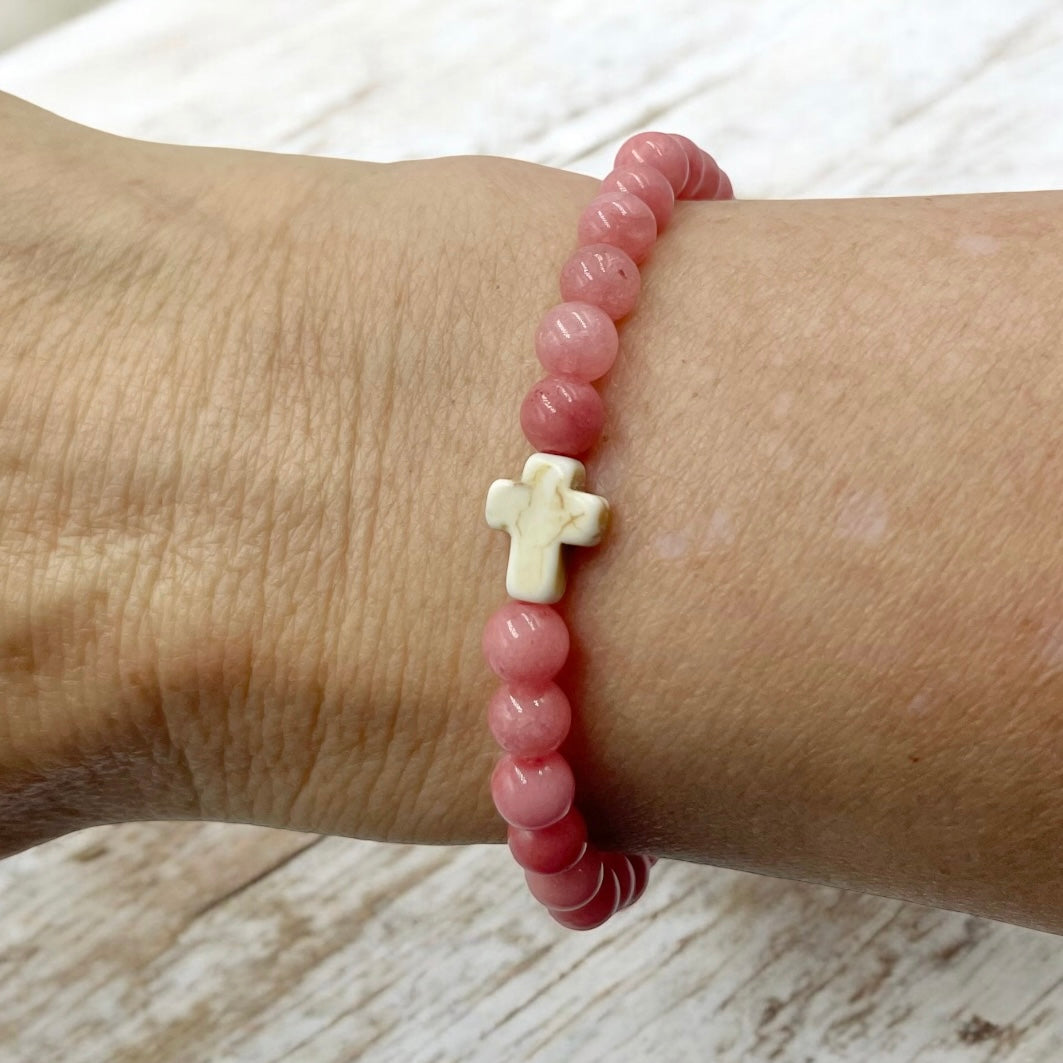 Pink Jade Cross Bracelet