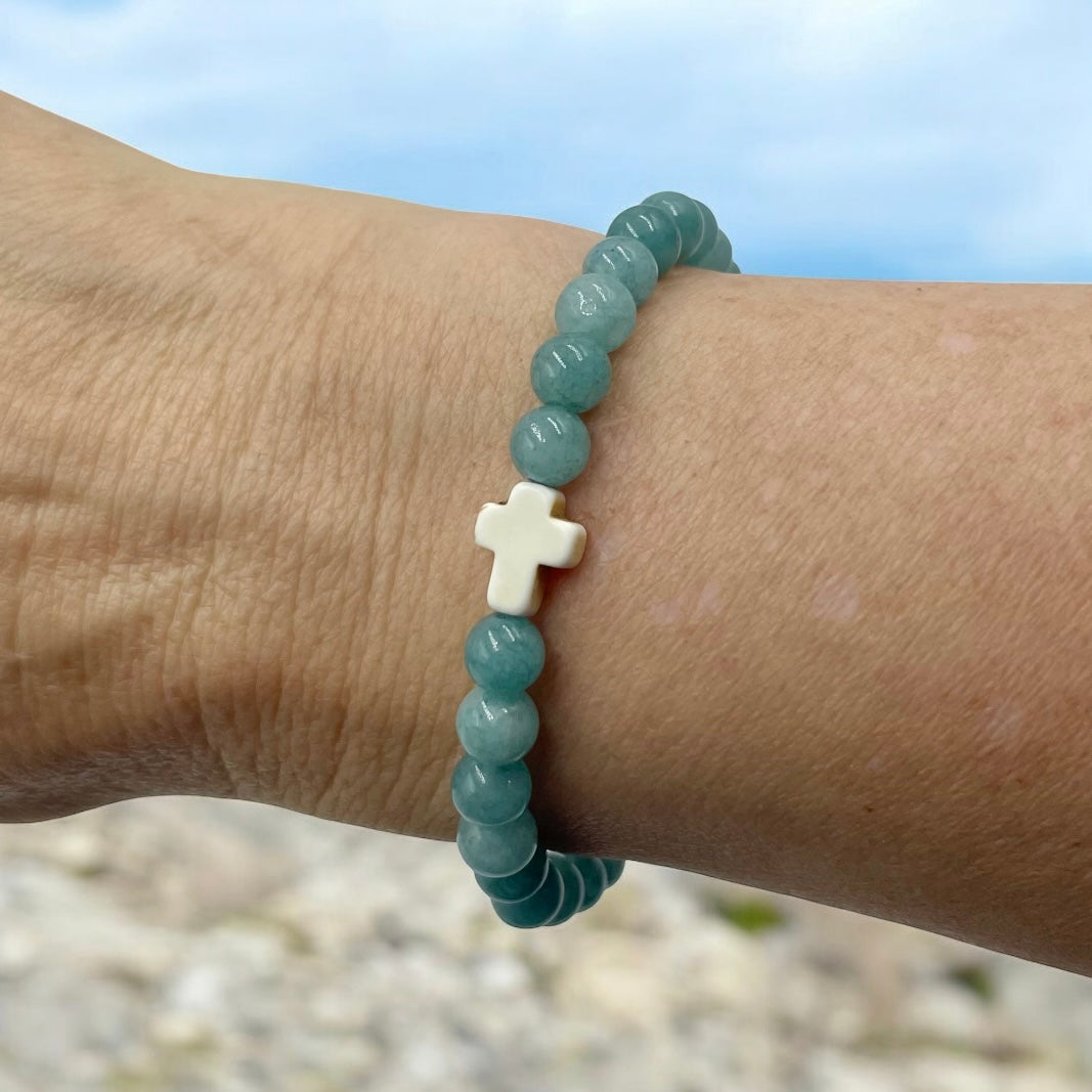 Teal Blue Jade Cross Bracelet
