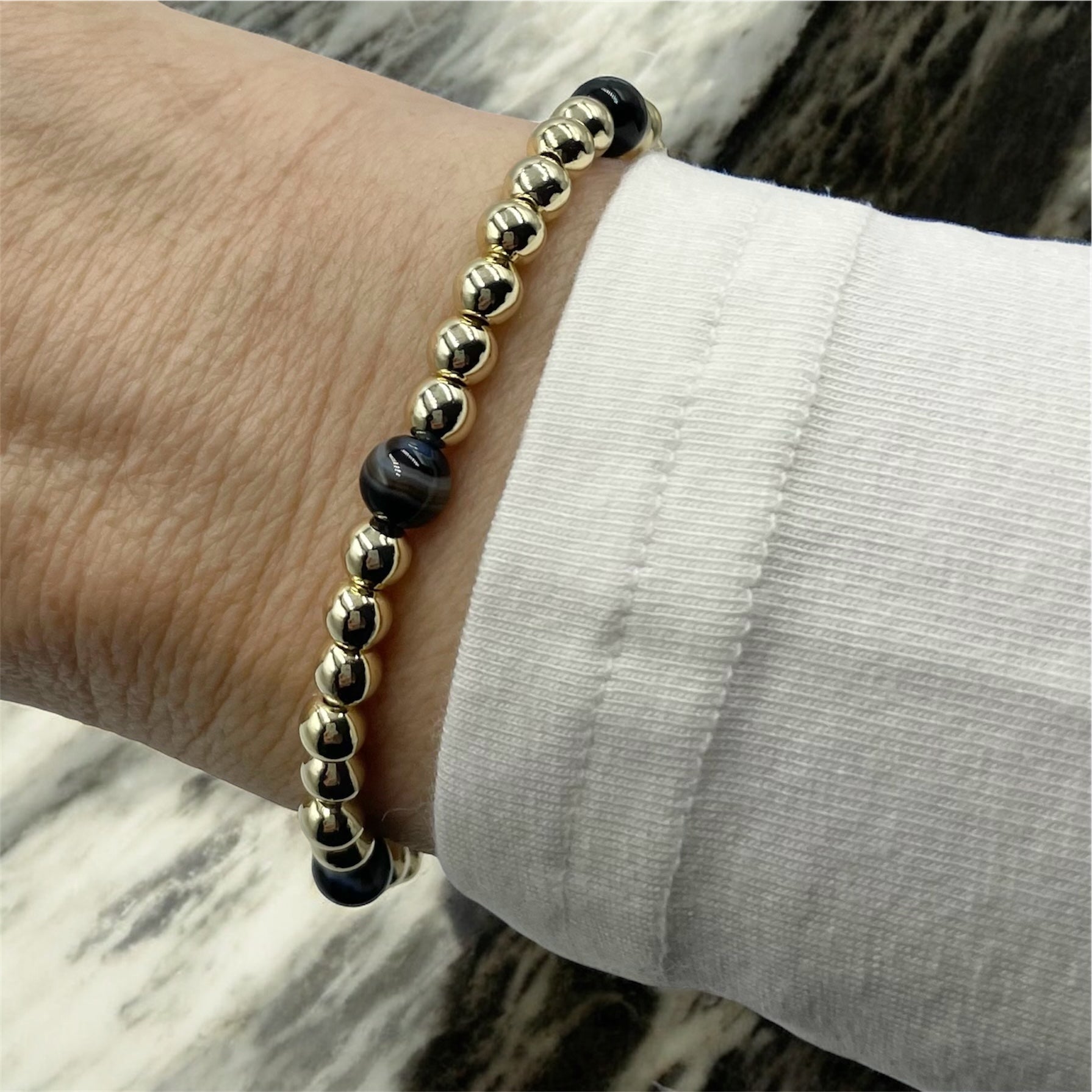 14K Gold Filled & Gemstone Satellite Bracelet ~ Tuxedo Agate